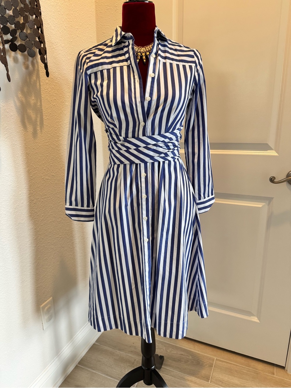 J. Crew Blue and White Striped Midi Shirt Dress with Waist Tie 2